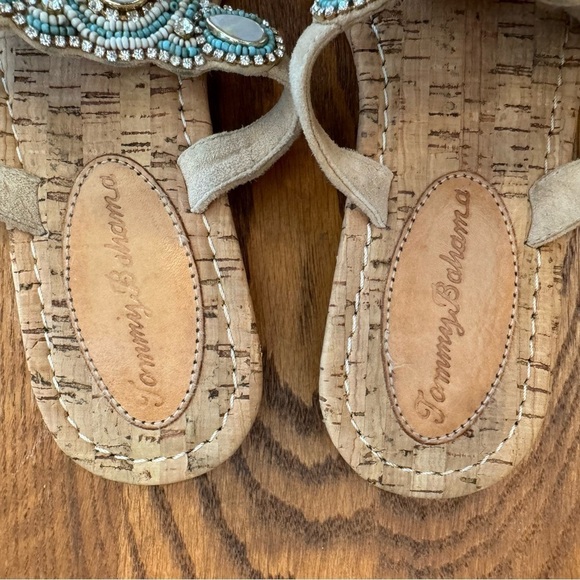 Tommy Bahama Cork, Rhinestone, Abalone Shell, Turquoise, Gold Thongs, Sandals, 8 - Picture 3 of 8